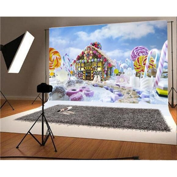 5x3ft Gingerbread House Backdrop Candy Cane Lollipop Sugar Lolly Photo Backdrop - Picture 2 of 8
